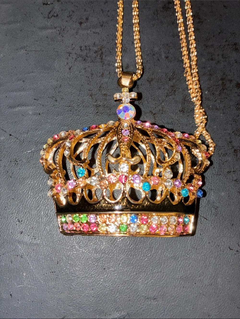 Gold Crown Pendant Necklace with Multicolor Crystals